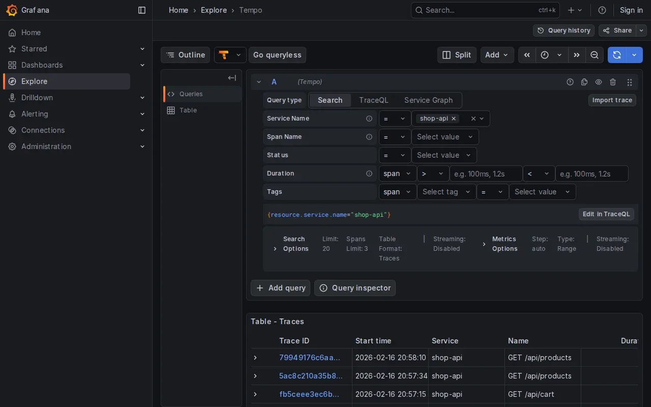Ricerca trace in Grafana Tempo filtrate per service.name=shop-api