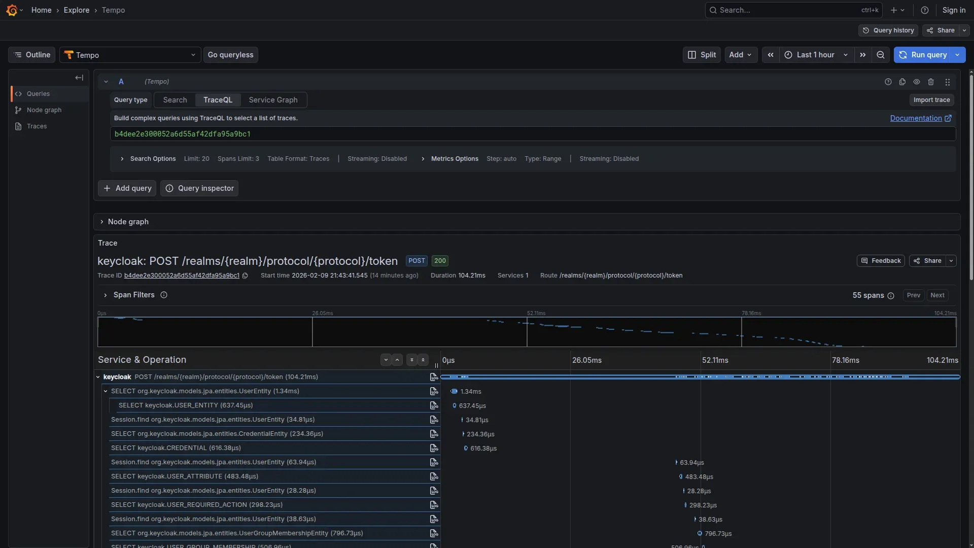 Trace waterfall con query DB su tabelle utente