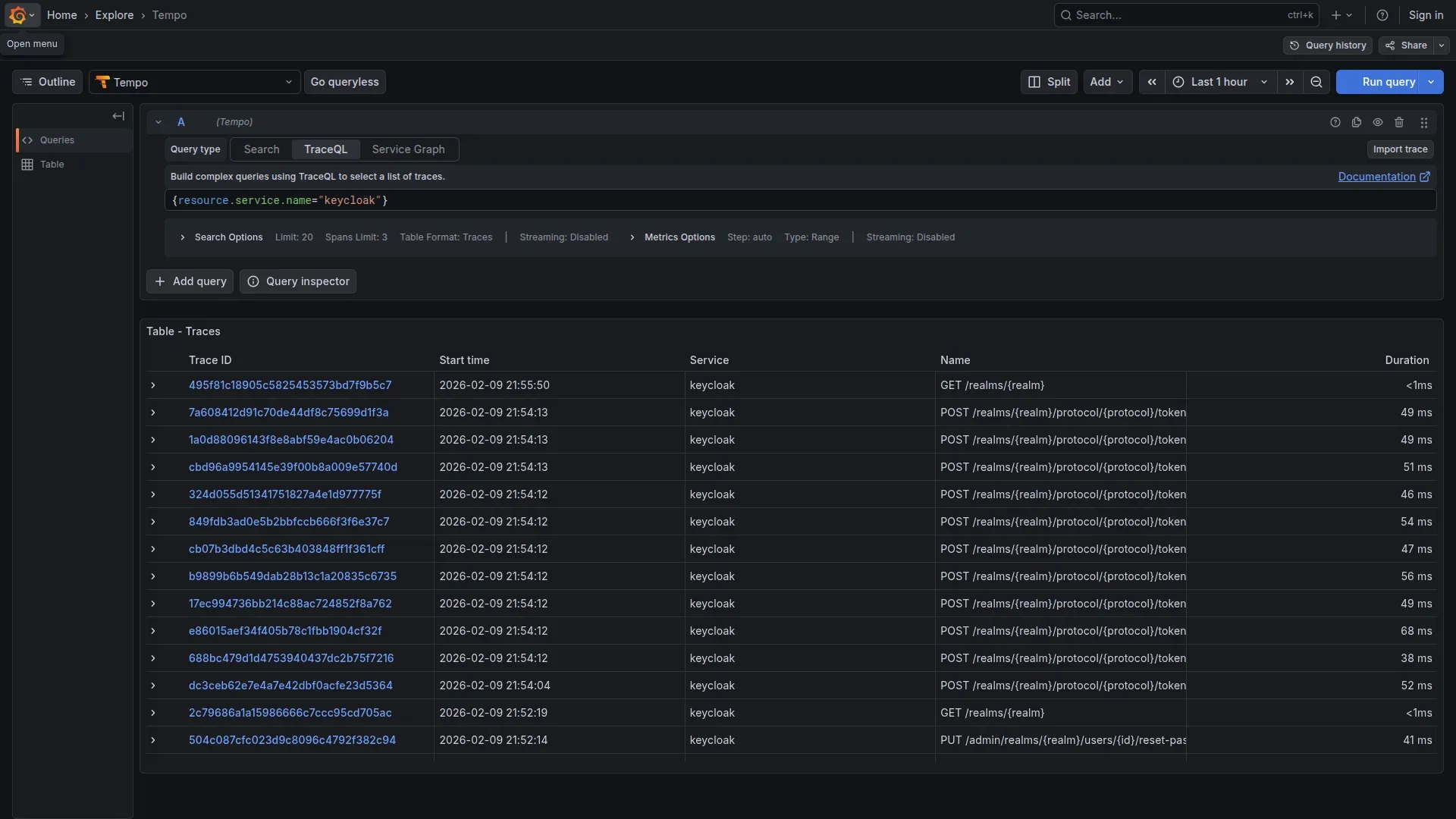 Grafana Explore - Keycloak traces list