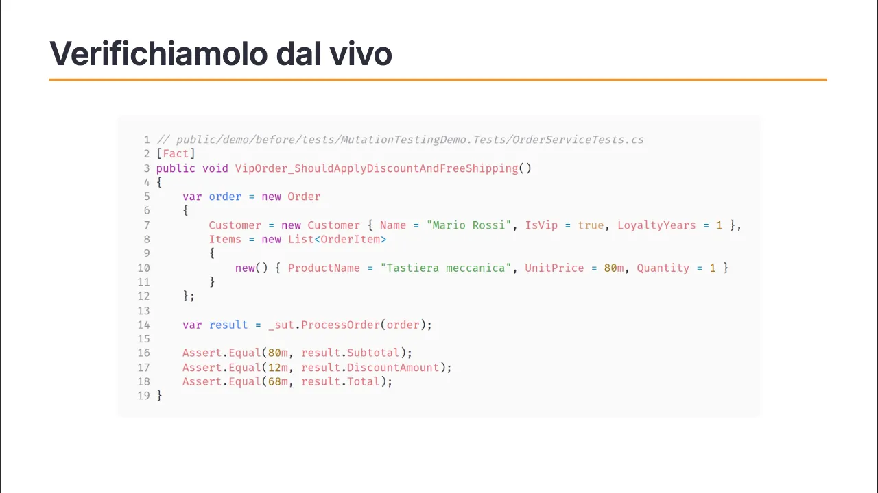 Slide "Verifichiamolo dal vivo": il test VipOrder con un solo item, Quantity=1, e tre Assert.Equal su Subtotal, DiscountAmount e Total, nessun assert sullo Status