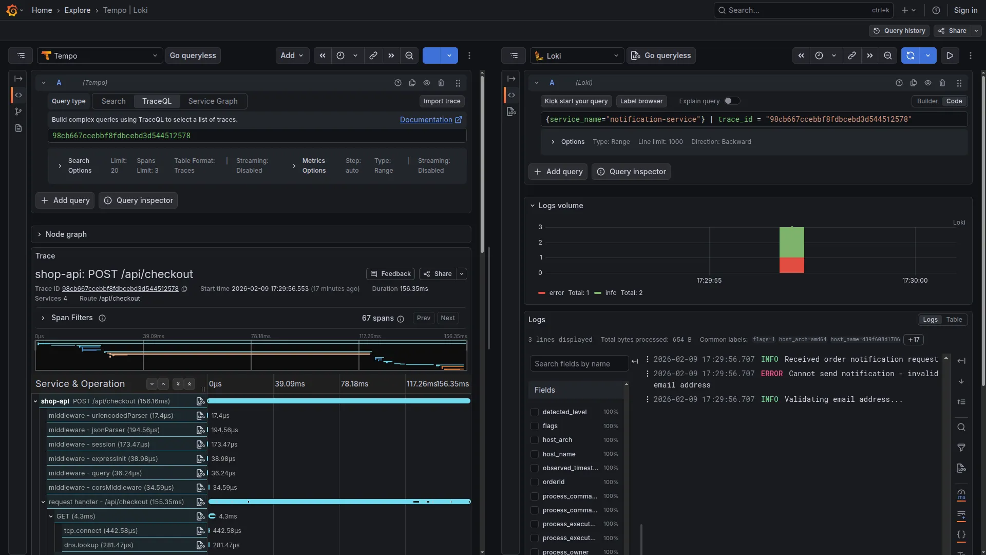 Log correlati del notification service visibili dalla trace