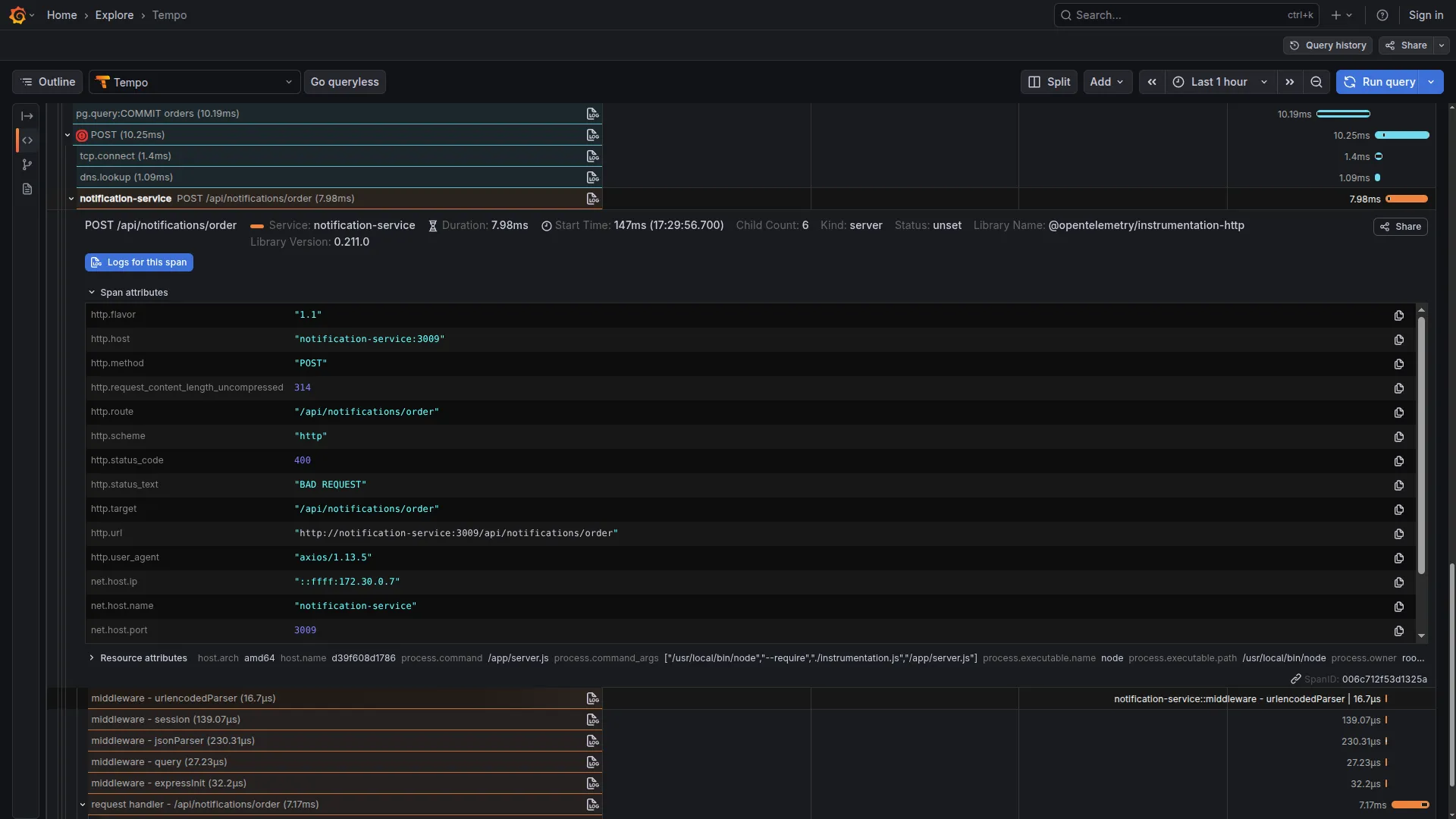 Attributi di errore sullo span del notification service