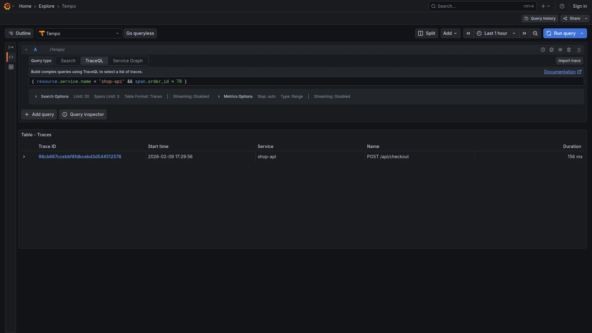 Query TraceQL per trovare la trace dell'ordine