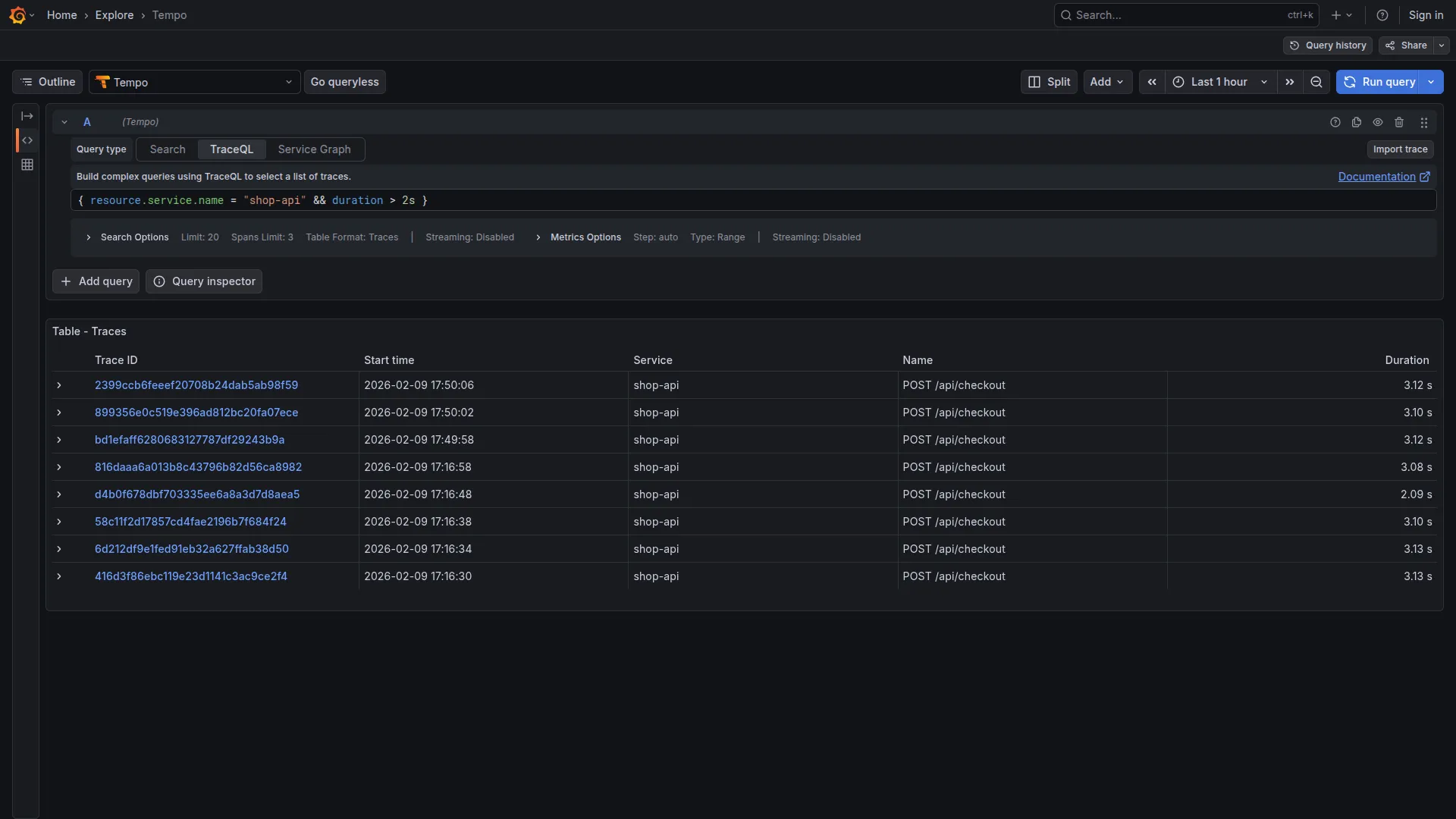 Query TraceQL per trace lente