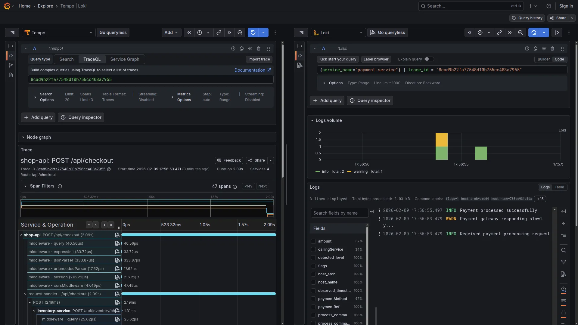 Log dei servizi lenti correlati alla trace
