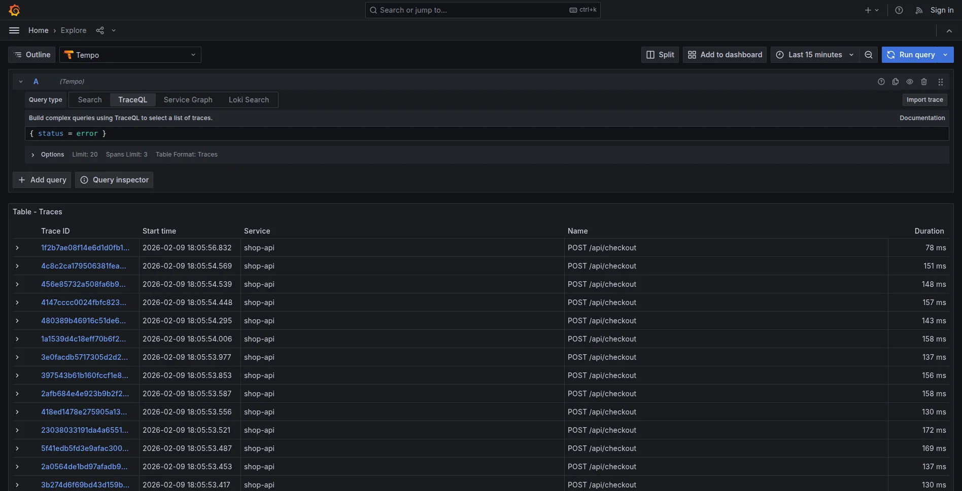 Trace con errore mantenute dal tail sampling