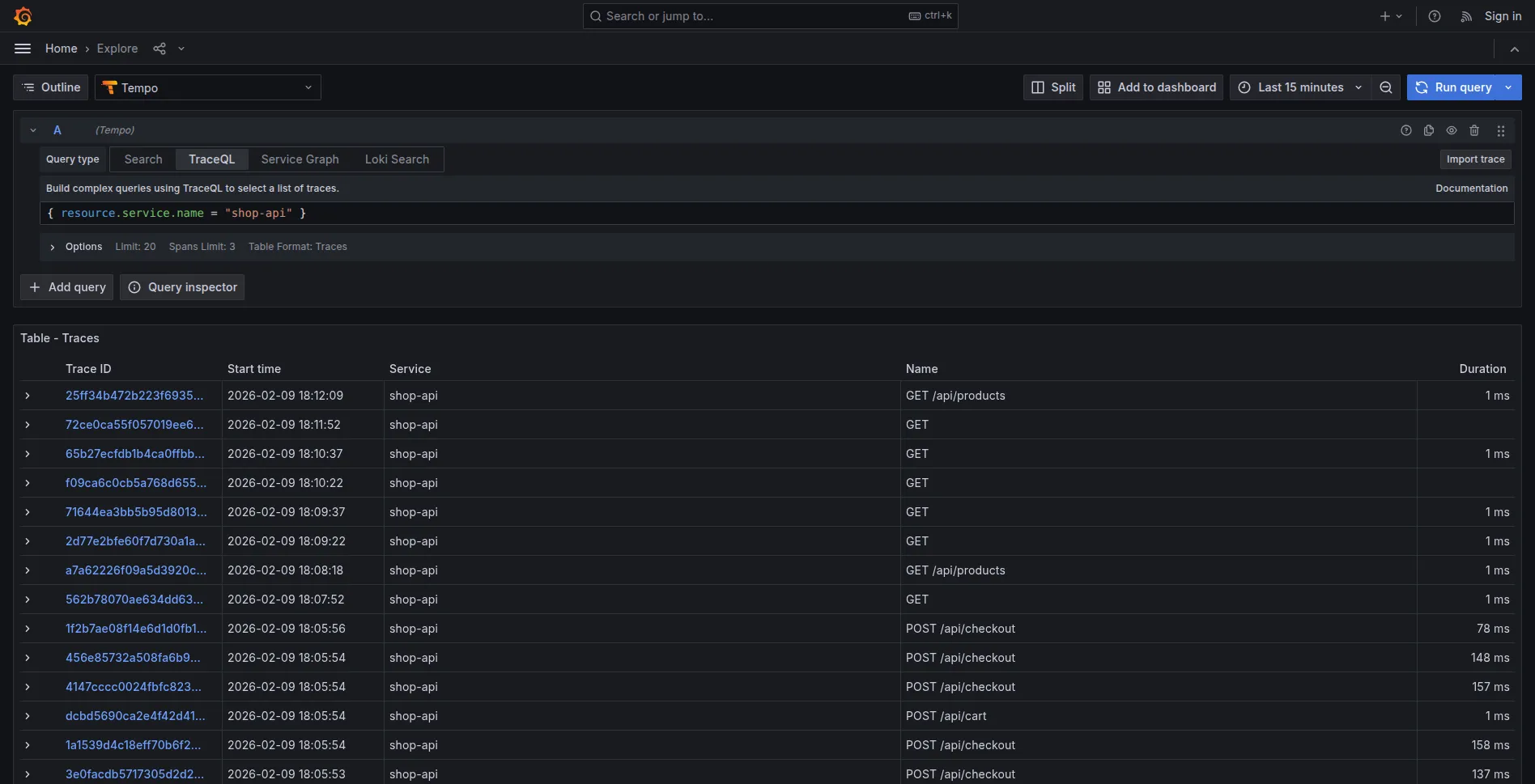 Trace normali campionate al 10%
